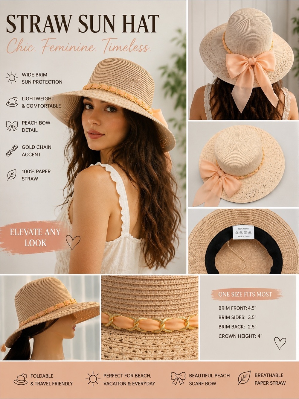 Boho Straw Sun Hat Peach Bow Gold Chain Wide Brim Beach Vacation Paper Hat